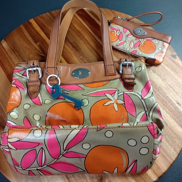 FOSSIL Key Per Coated Canvas Leather Shoulder Bag Wallet Shopper Tote Charm